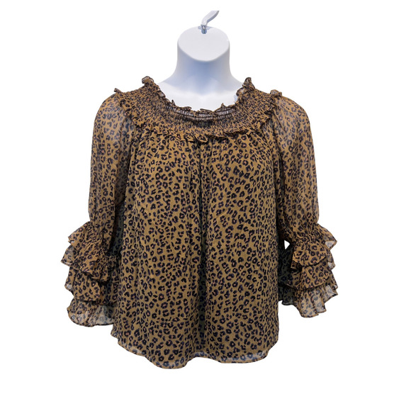 CeCe Top Wmns Large Leopard Print Sheer Blouse Off the Shoulder Ruffle Sleeve - Picture 2 of 13